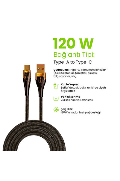 ALLİSON Allison 120W Şeffaf  Bakır Renkli ve Siyah Örgü Kablolu Type-A to Typ...