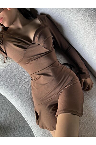 TamSeninTarzin Vivien V Yaka Simetrik Kesim Uzun Kol Elbise