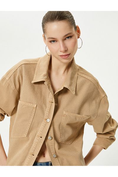 Koton Jewelled Denim Shirt Jacket Pocket Detailed Long Sleeve Cotton Comfortable Fit
