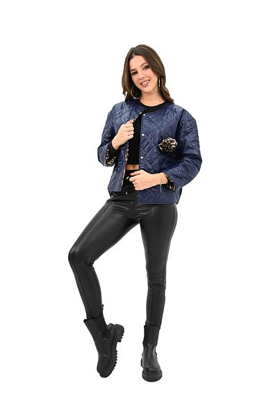 Koza Butik Jachetă matlasată cu broșă cu model leopard pentru femei 2502-25