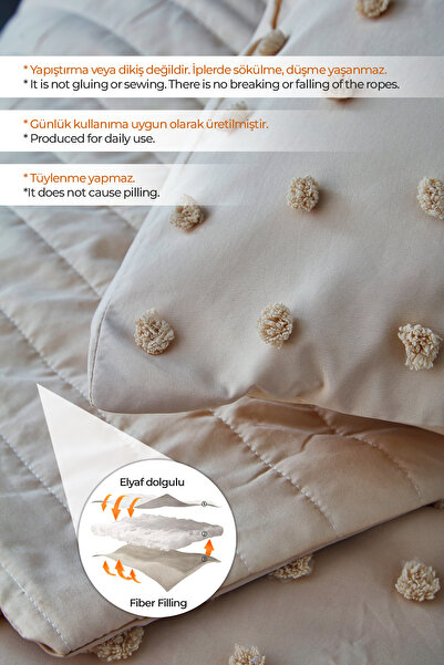 Evlen Home Collection Pamuklu Emmy Kabartmalı Yatak Örtüsü Boho Seti Günlük Çift Kişilik 3 Parça Dolgulu Tufting Bej