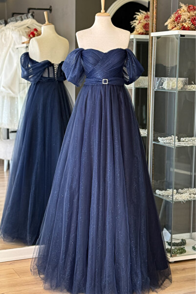 Lenta Moda Lacivert Simli Drapeli Maxi Boy Kemer Detaylı Transparan Abiye Ve Gece Elbisesi