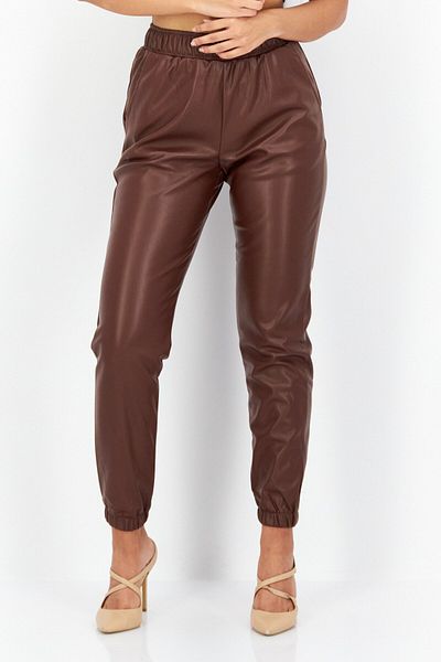 Weworewhat Women Solid Pull-on Leather Jogger Pants, Brown