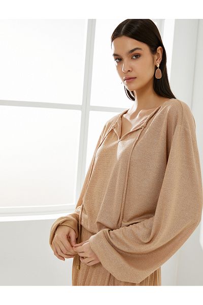 Koton Glittery V-Neck Balloon Sleeve Blouse