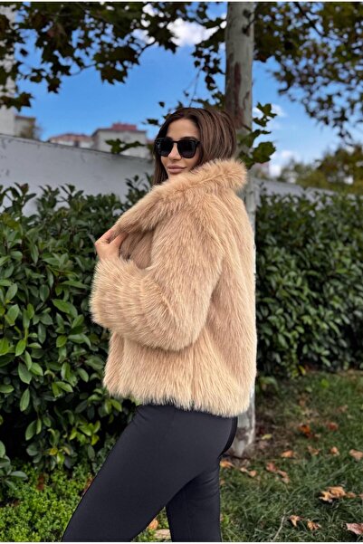 Daves Dámský volný kabát s podšívkou z vousaté kožešiny-prášek