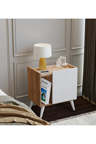 subahome %100 Mdf - 50 cm Suba Home Ahşap Dokulu Şık Beyaz Kapaklı Komodin Ço...