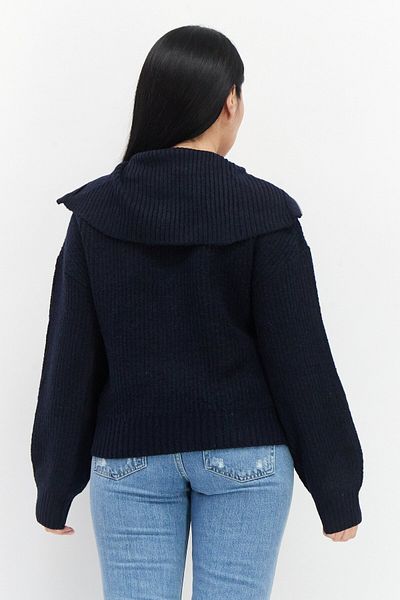 French Connection Women Spread Collar Knitted Sweater, Navy Blue