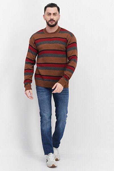 Perry Ellis Men Crew Neck Long Sleeves Stripe Sweater, Brown Combo