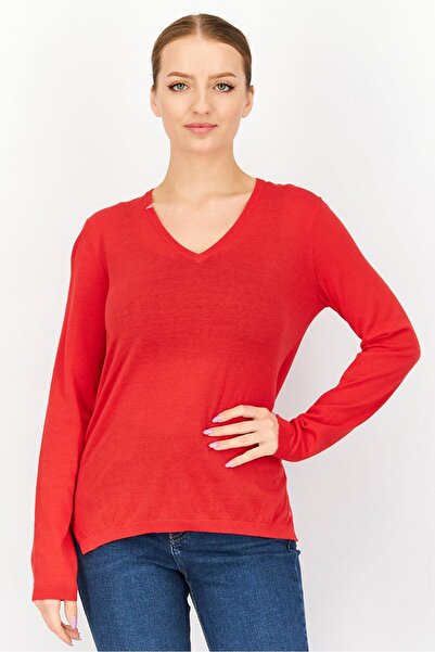 SUN68 Women V-neck Textured Sweater, Red