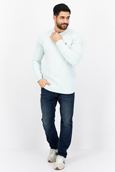Lyle & Scott Men Crew Neck Ribbed Long Sleeve Printed Sweaters, Turquoise