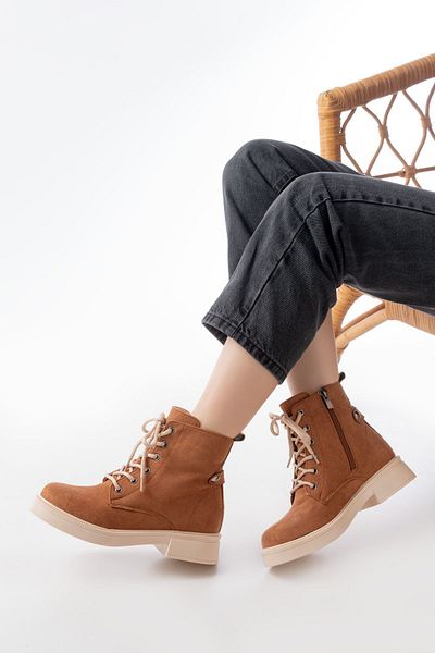 serkanseyyid Καθημερινές γυναικείες μπότες 02-2003 Tan Suede Lace Up με φερμουάρ