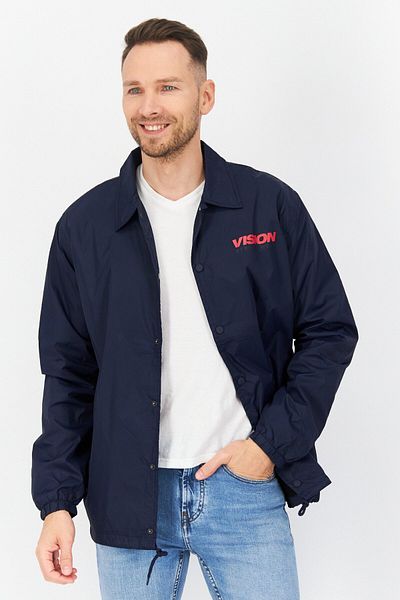 Vision Street Wear سترة واقية من الرياح بشعار العلامة التجارية للرجال بأكمام طويلة وياقة واسعة، أزرق داكن