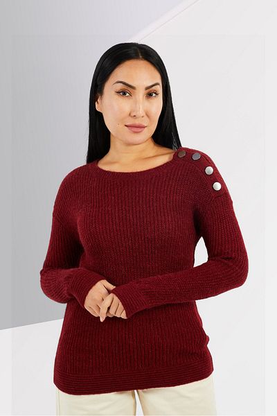 IKKS Women Round Neck Knitted Long Sleeve Sweater, Maroon