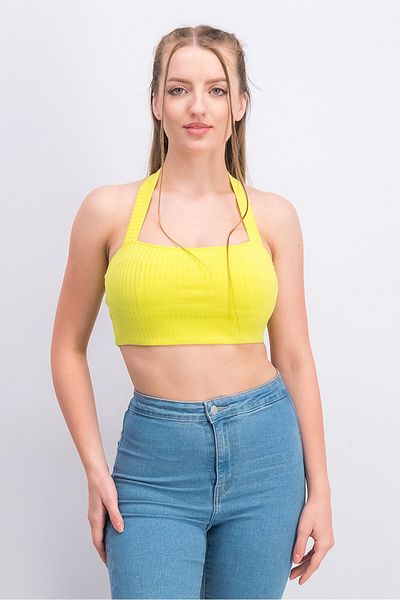 Etam Women Halter Neck Sleeveless Solid Crop Top, Yellow Green