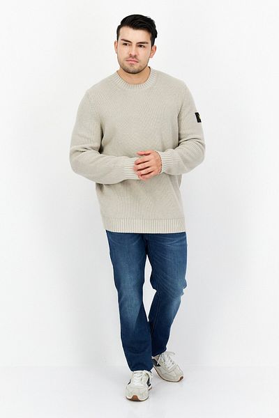 Lyle & Scott Men Crew Neck Ribbed Long Sleeve Printed Sweaters, Light Grey