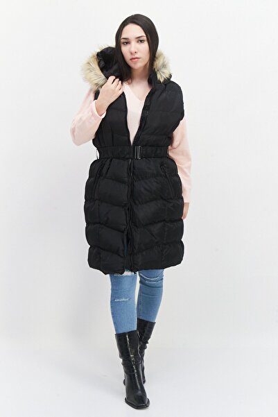 French Connection Women Hooded Sleeveless Belted Puffer Jacket, Black