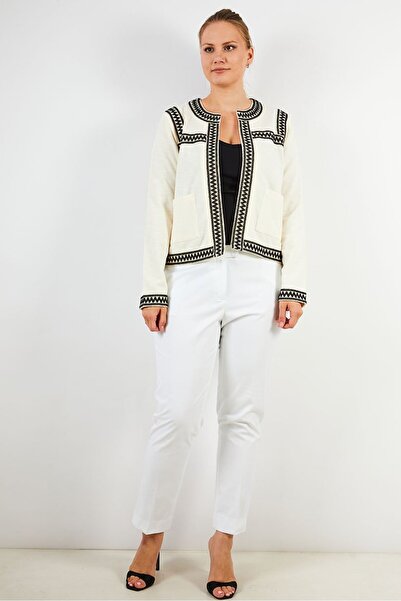 ONE STEP Women Split Neck Embroidered Cardigan, Cream