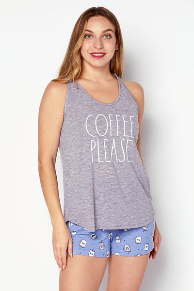 Rae dunn Women 2 Pieces Graphic Print Tank Top And Short Pajama Set, Heather Grey