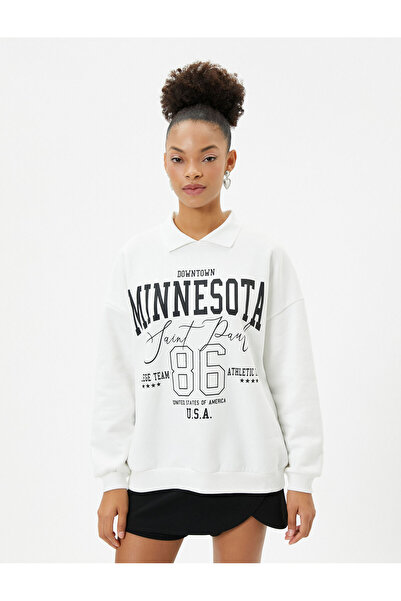 Koton Mikina Polo s výstřihem Oversize College s potištěnou směsí bavlny