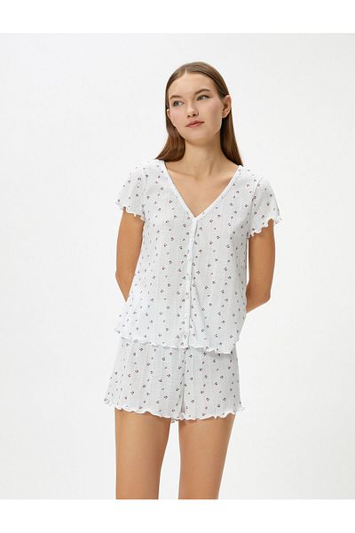 Koton Shorts-Pyjama-Set mit kurzen Ärmeln, V-Ausschnitt und Knöpfen