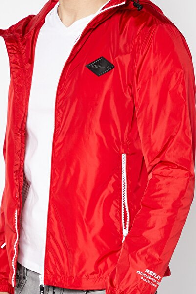 Replay Men Hooded Solid Long Sleeve Windbreaker Jacket, Red