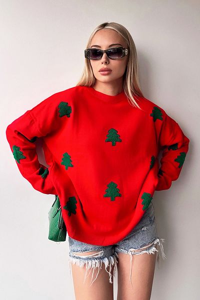 VAGGON Red Crew Neck Tree Patterned Women's Knitwear Prm1343