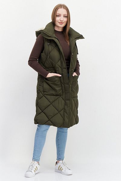 BCBG Women Hooded Sleeveless Quilted Long Vest, Dark Olive