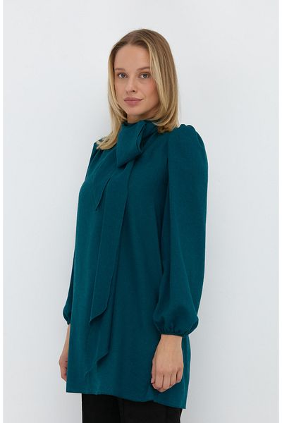 Fatma Atasoy Midi Viscose Petrol Green Tunic with Bow