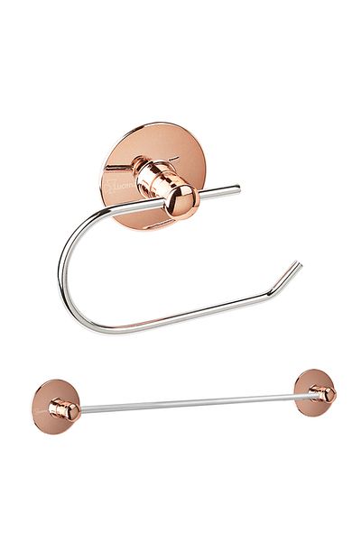Lucena Rose Chrome Adhesive Double Bathroom Accessory Set - Long Towel Holder - Toilet Paper Holder