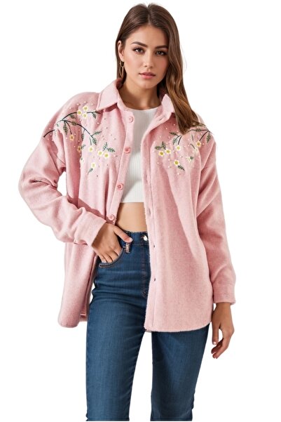 Cassime Women's Light Pink Daisy Flower Embroidered Sleeve Folded Stamp Shirt