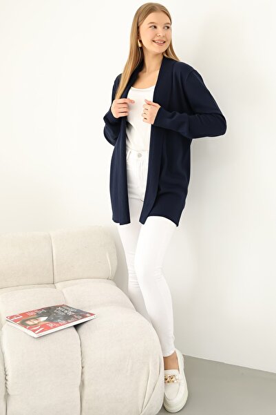 VEGENZE Kadın Lacivert Fitilli Uzun Hırka