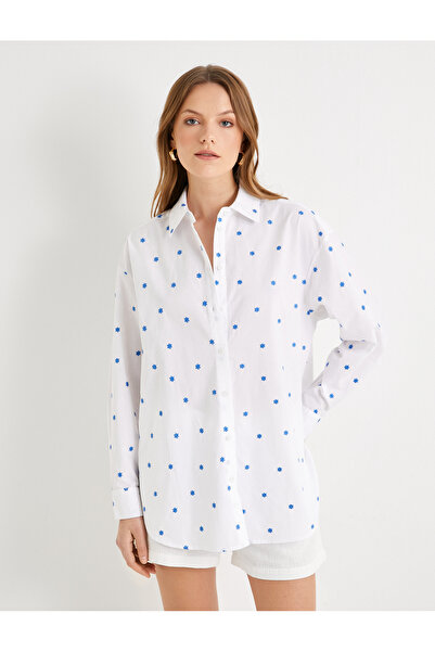 Koton Hemd mit besticktem Blumenmuster – geknöpft, klassischer Kragen, Standardschnitt