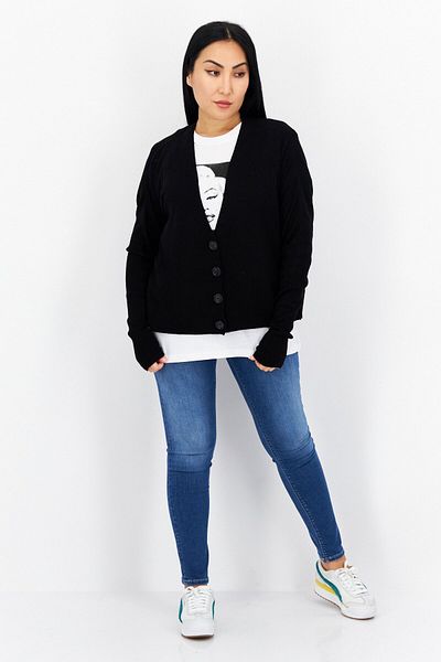 s.Oliver Women Open Front Plain Long Sleeves Sweater, Black