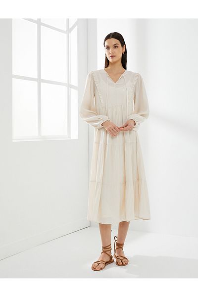 Koton Midi Viscose Dress Balloon Sleeve Tied Collar