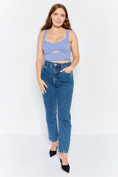 Etam Women Diamond Neck Sleeveless Ribbed Cut Out Crop Top, Violet Blue