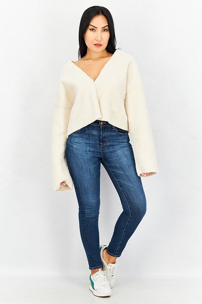 NA-KD Women V-Neck Long Sleeve Textured Sweater, Off White