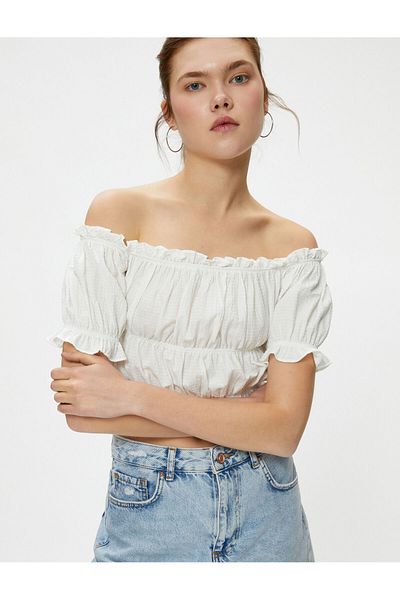 Koton Off Shoulder Μπλούζα Crop Balloon Sleeve Frilly