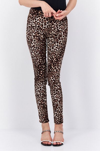 Guess Women Skinny Fit Leopard Print Straight Leg Pants, Brown Combo