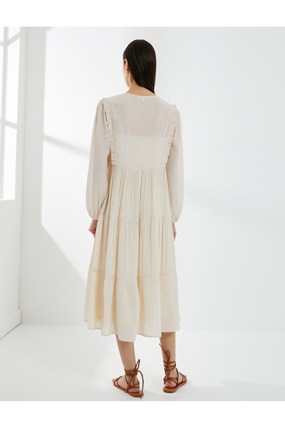 Koton Midi Viskon Elbise Balon Kol Bağlamalı Yaka