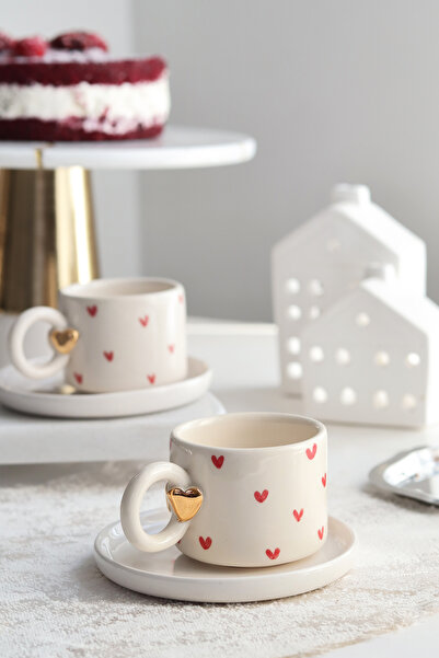 Perla Art El Yapımı 2'li Kalp Figürlü 24K Altın Dekorlu Seramik Fincan 120ml