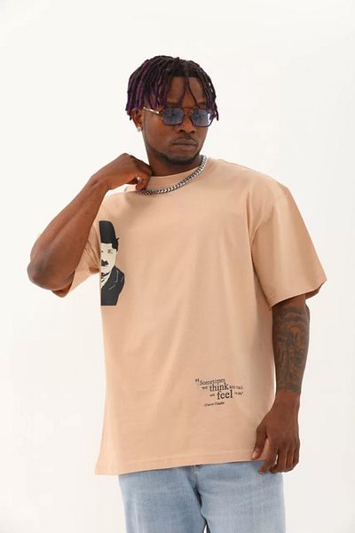 YALÇIN Μπλουζάκι Unisex Oversize Crew Neck σε μπεζ χρώμα - εμπριμέ