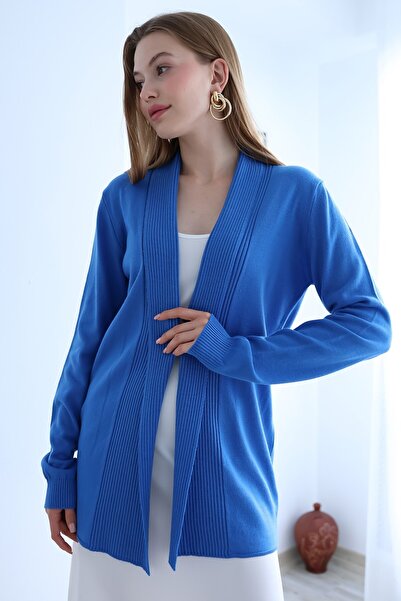 VEGENZE Women's Blue Corded Long Cardigan