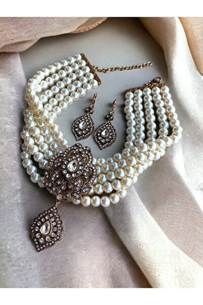FAYRA ACCESSORIES Beyaz Kristal Taşlı İnci Kolye ve Küpe Seti