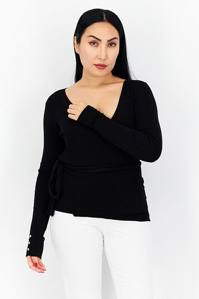 Guess Women Textured Long Sleeve Wrap Sweater, Black