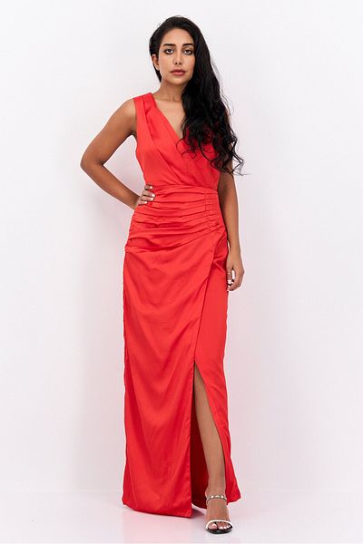 Liquorish Women Solid Satin Maxi Dress, Red