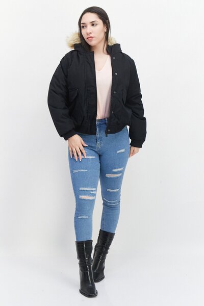 French Connection Women Plain Hooded Puffered Jackets, Black