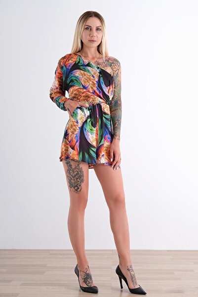 EXPLOSION Desenli Saten Tek Kollu Kısa Tulum