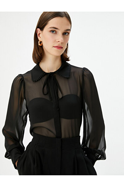 Koton Chiffon Transparent Shirt Long Sleeve Tie Collar