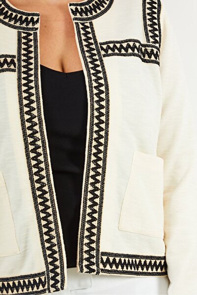 ONE STEP Women Split Neck Embroidered Cardigan, Cream