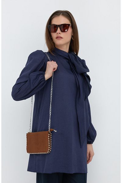 Fatma Atasoy Midi Viscose Navy Blue Tunic with Bow